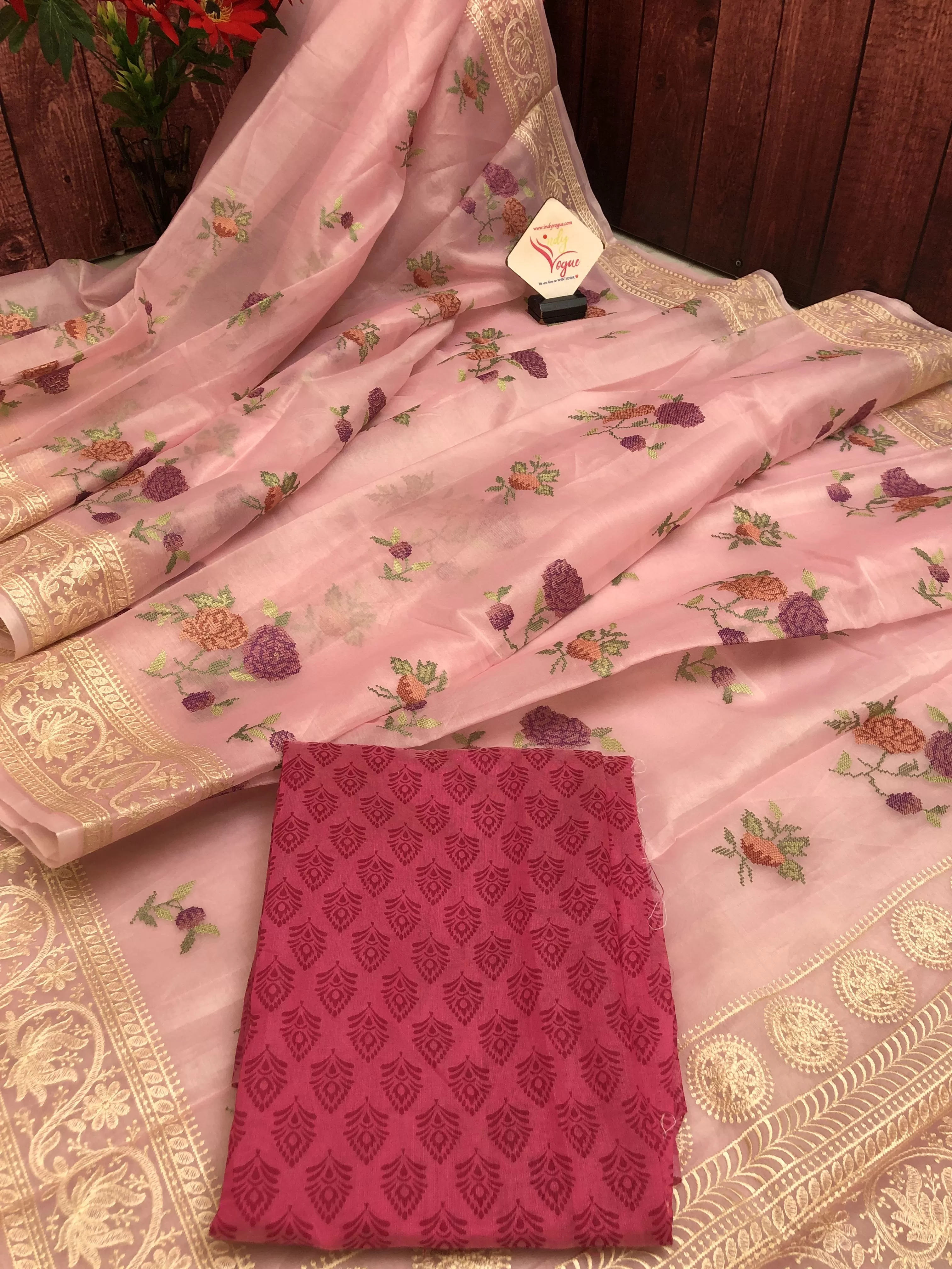 Soft Pink Color Designer Organza Saree with Chikankari