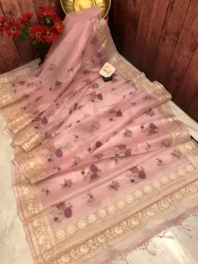 Soft Pink Color Designer Organza Saree with Chikankari