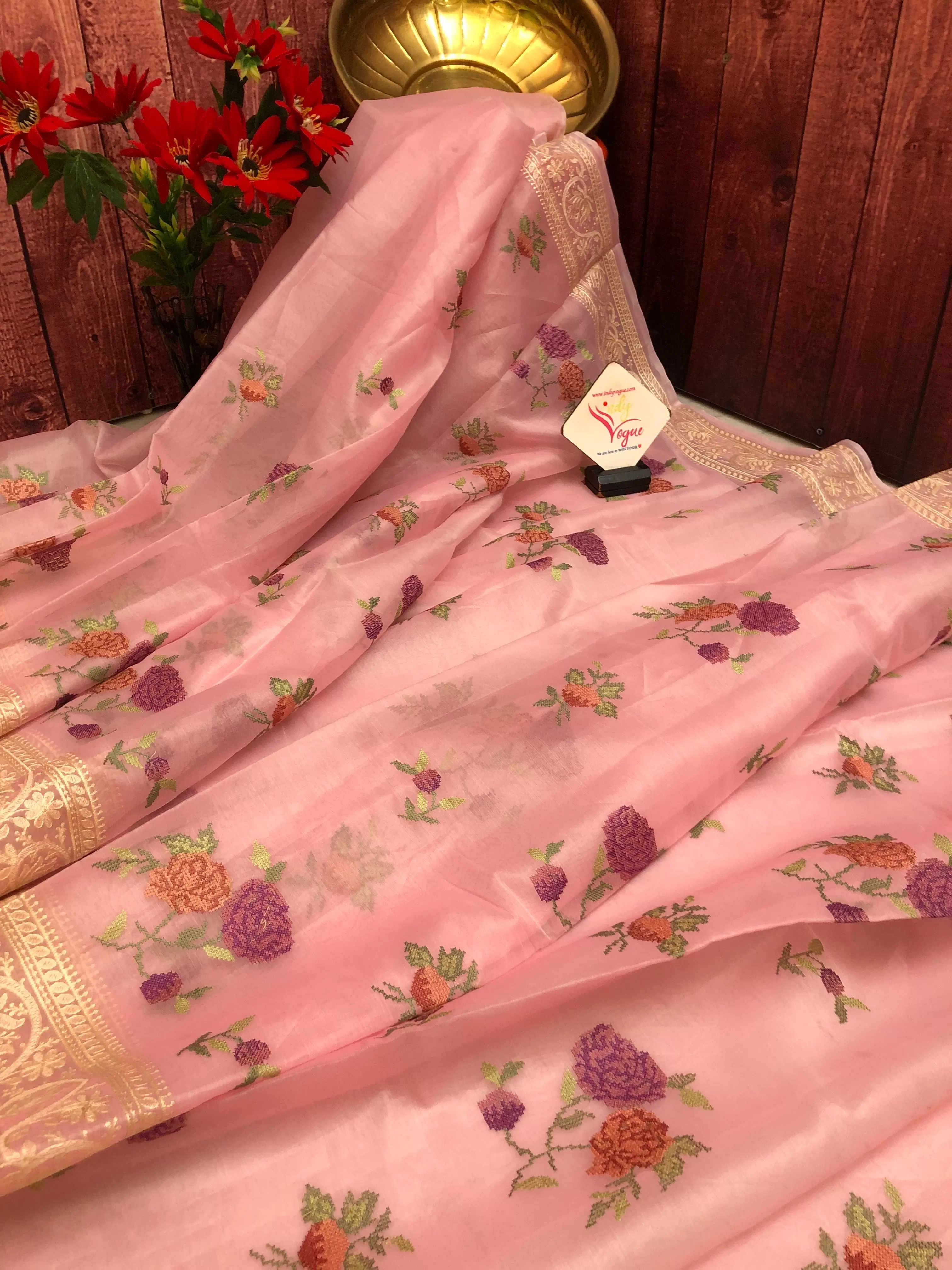 Soft Pink Color Designer Organza Saree with Chikankari