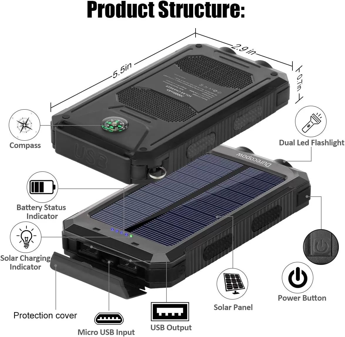 Spring Solar Charger, 20000Mah Portable Outdoor Waterproof Solar Power Bank, Camping External Backup Battery Pack