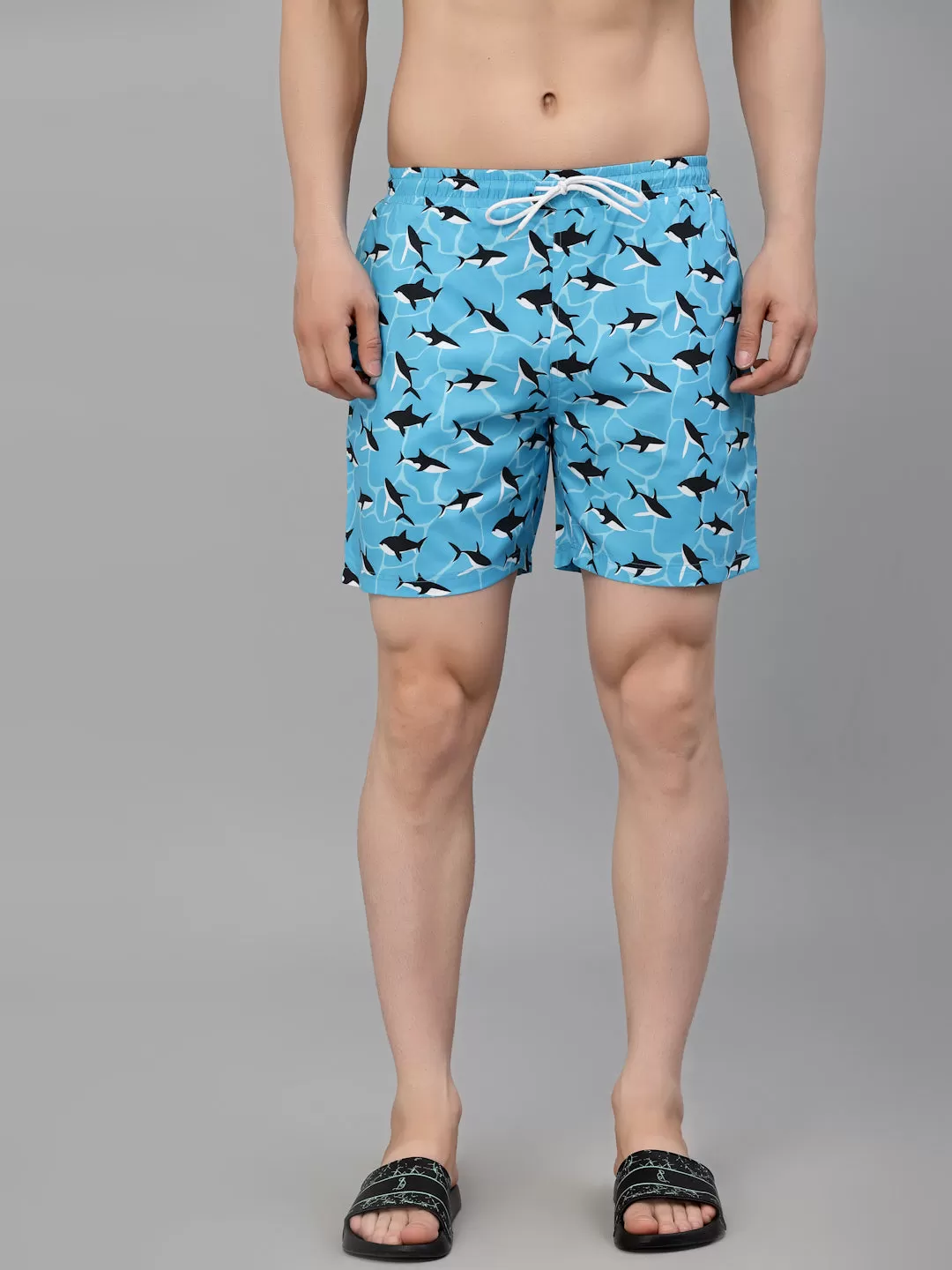 Style Quotient Men Blue and  Black Conversational Print Polyester Regular Swim  Shorts