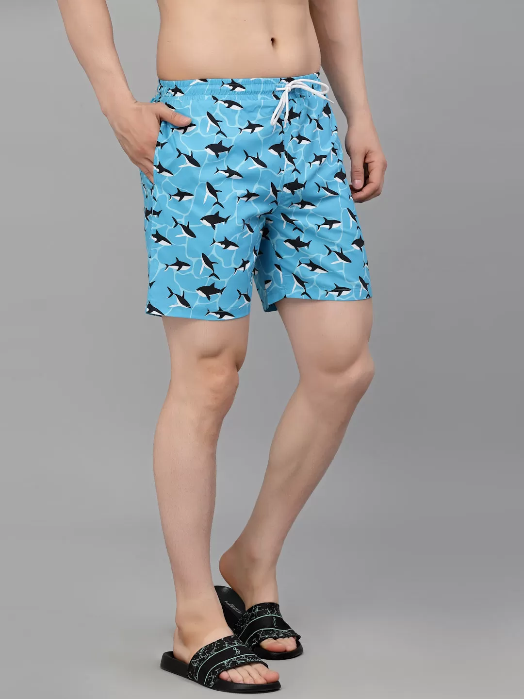 Style Quotient Men Blue and  Black Conversational Print Polyester Regular Swim  Shorts