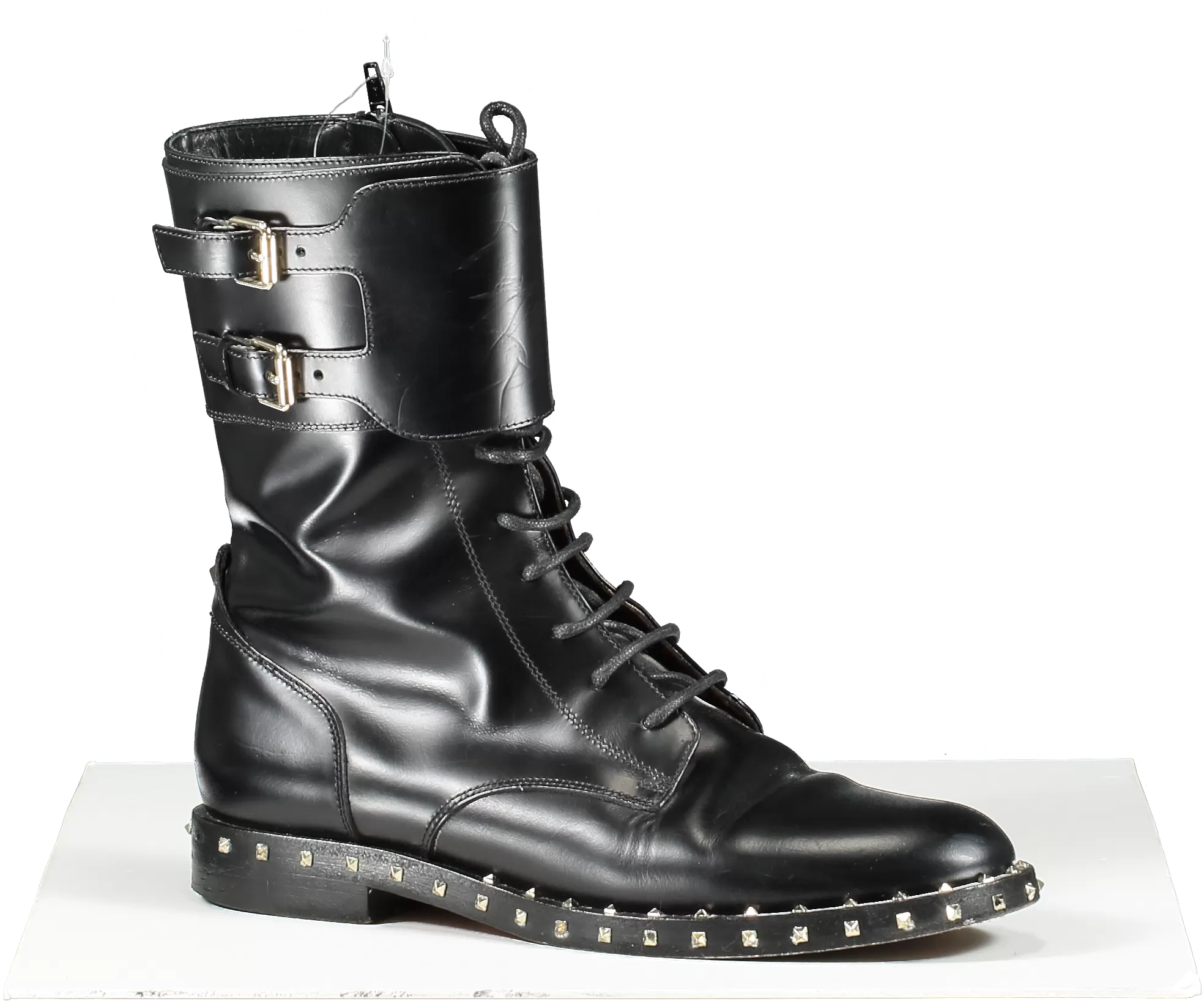 Valentino Garavani Black Leather Rockstud Lace Up Biker Boots UK 5.5 EU 38.5 👠