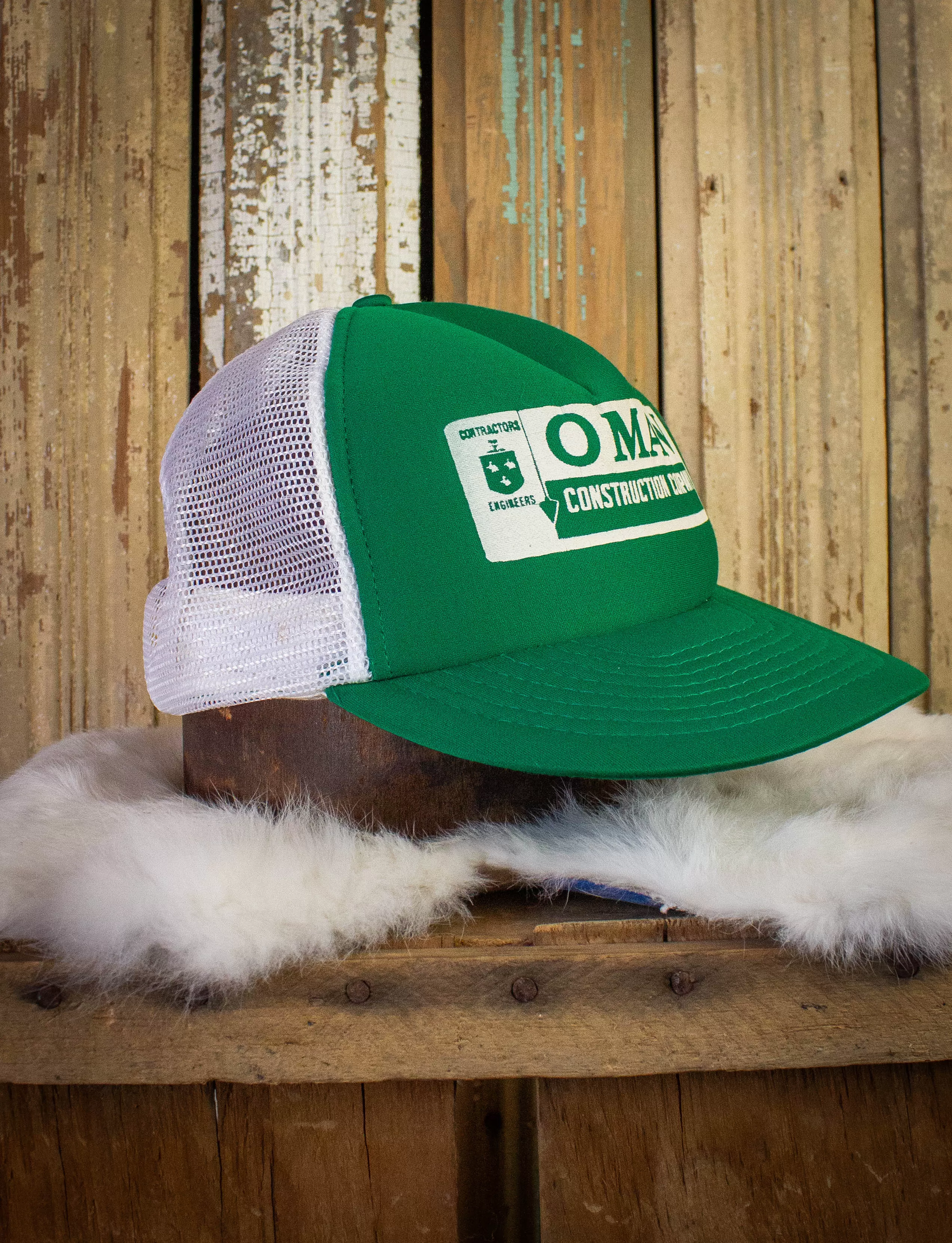 Vintage Oman Construction Company Trucker Hat Green/White