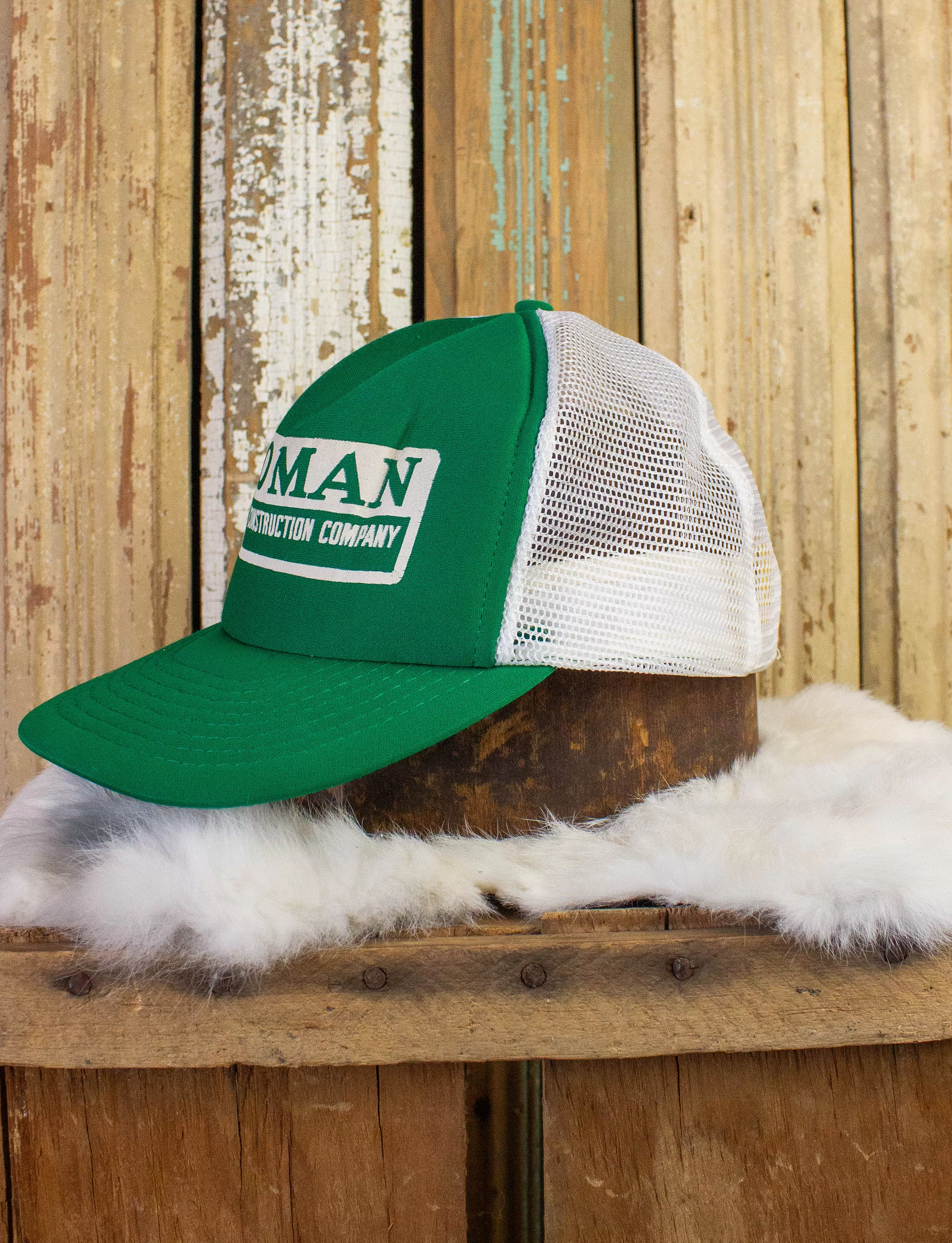 Vintage Oman Construction Company Trucker Hat Green/White