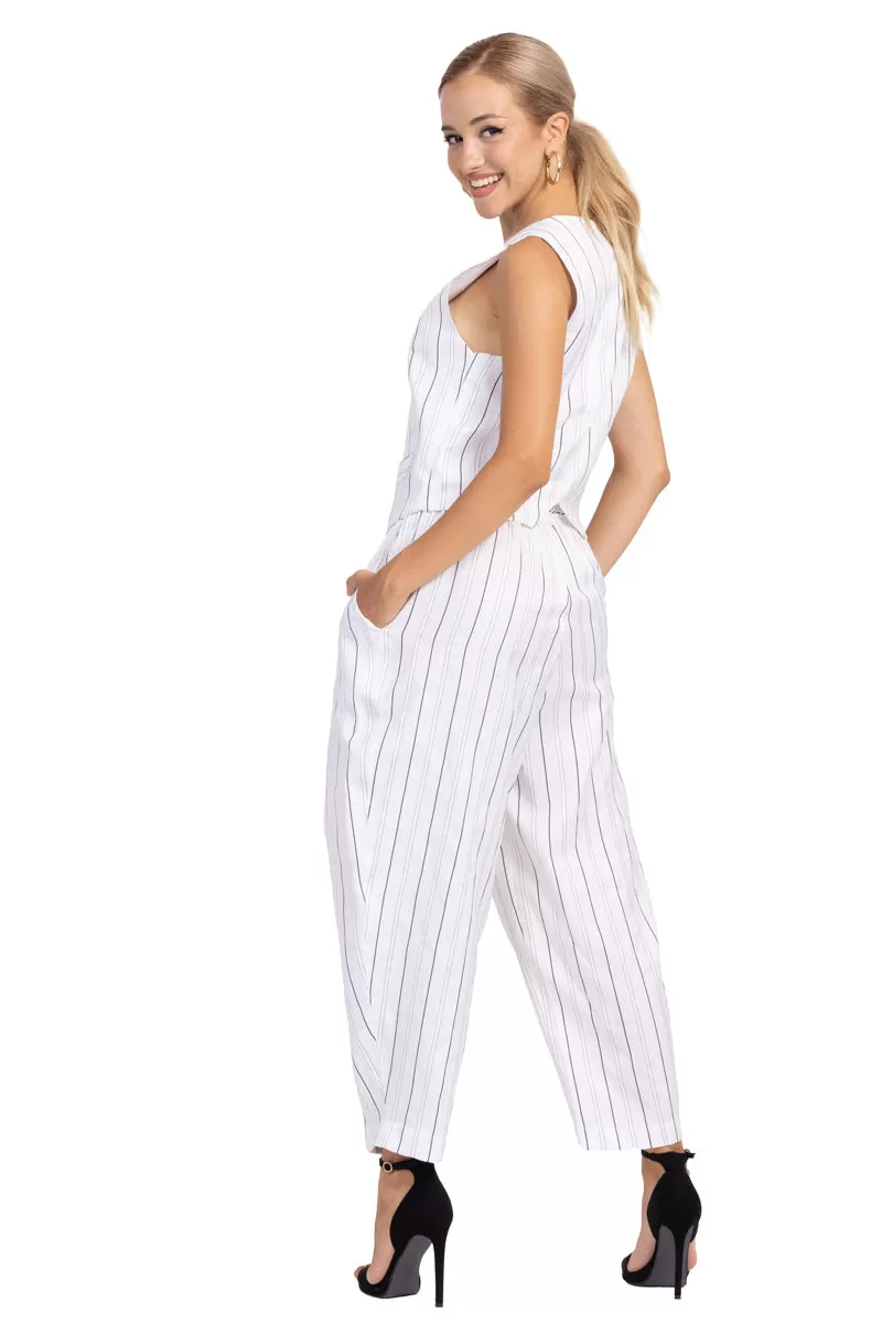 White Striped Tappered Women's Tailored Trousers