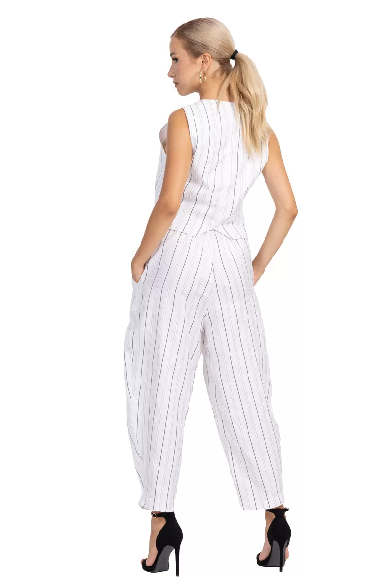 White Striped Tappered Women's Tailored Trousers