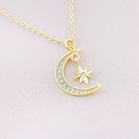 Women's Fashion CZ Crescent Moon Starburst Pendant Necklace